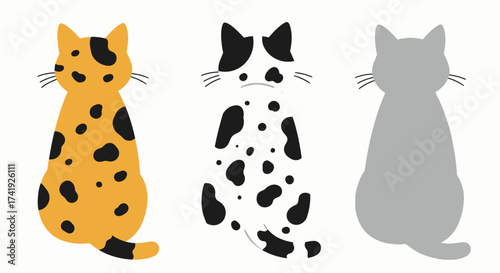 Three adorable cartoon cats seen from behind diverse fur patterns including orange spots black white spots and gray stripes isolated on white background