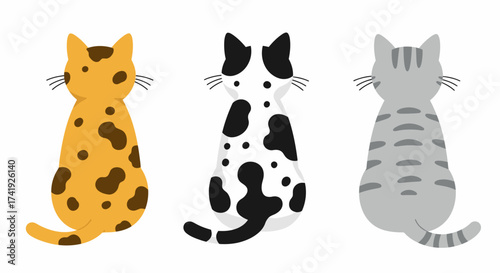 Three cute sitting cats from behind diverse fur patterns enjoying quiet moments together artistic whimsical domestic felines isolated on white background