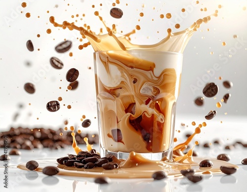Iced Coffee Splash with Flying Coffee Beans on White Background