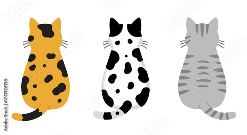 Three adorable cats seen from behind showing diverse coat patterns playful feline companions cute domestic animals digital art isolated on white background