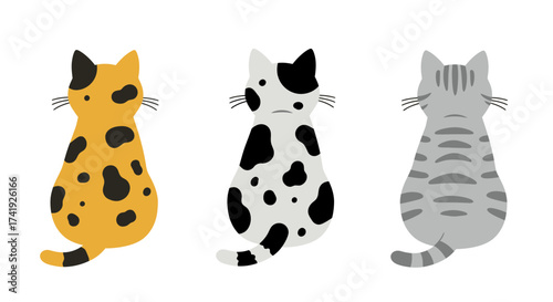 Three adorable cats sitting facing away from camera different fur patterns and colors whimsical animal art isolated on white background