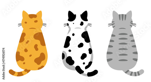 Three adorable cartoon cats sitting viewed from behind showing different fur patterns for cute pet animal themes isolated on white background