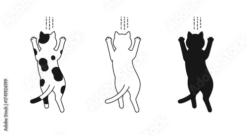Three playful cartoon cats in different styles a spotted tabby and a silhouette hanging precariously by their paws demonstrating agility and a sense of humor isolated on white background
