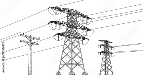 Transmission tower and utility pole, electricity infrastructure drawing, power line network, voltage distribution system, silhouette engineering design, rural energy grid