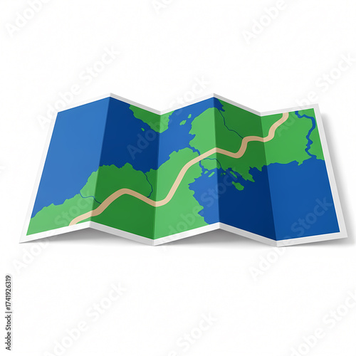 Folded Map with Route Path on White Background - Navigation and Travel Concept