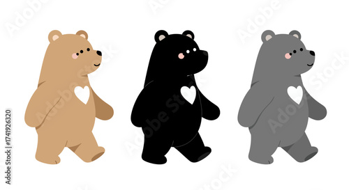 Three cartoon bears walking side profile with hearts on chests different colors for kids designs isolated on white background