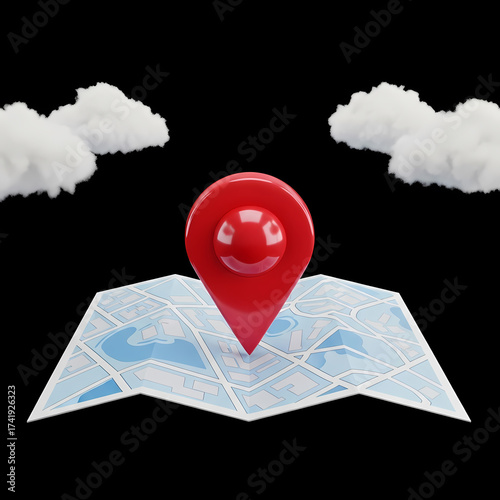 Red 3D Map Pin Icon on Open Map with Clouds, Location Pin