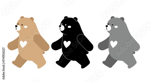 Charming trio of cartoon bears walking together with heart embellishments on their chests expressing friendship and unity isolated on white background