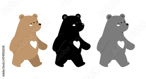 Three adorable cartoon bears walking side by side each displaying a white heart symbol on their chest isolated on white background