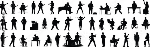 Human activity silhouettes, business and creative poses, people working, performing, presenting, vector illustration, lifestyle design, black figure icons