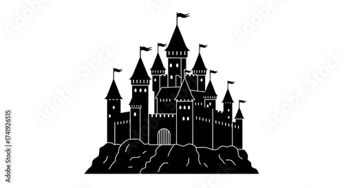 Majestic fairytale castle silhouette perched atop a rocky outcrop with flags flying high creating a magical fantasy kingdom scene perfect for storytelling isolated on white background
