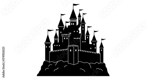 Majestic silhouette castle icon majestic medieval fortress architecture with towers turrets and flags detailed landmark fantasy kingdom symbol isolated on white background