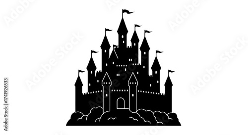 Majestic black silhouette castle silhouette icon majestic fortress fantasy architecture enchanted kingdom emblem symbol on for design projects isolated on white background