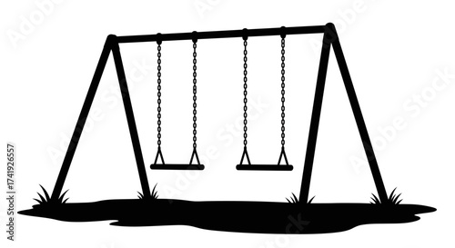 Silhouette of a two-seat swing set with grass detail in a playground setting ideal for children's activities and outdoor recreation themes isolated on white background