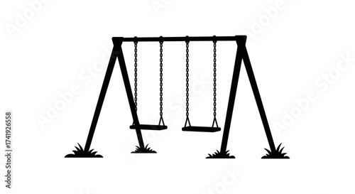 Simple line art silhouette of a two-seat swing set on a with grass accents for outdoor recreation isolated on white background