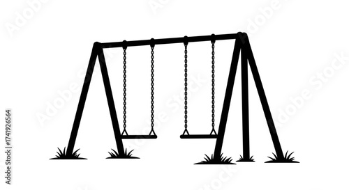 A black silhouette of a sturdy playground swing set with two empty seats standing on grass representing childhood fun and outdoor activity. isolated on white background
