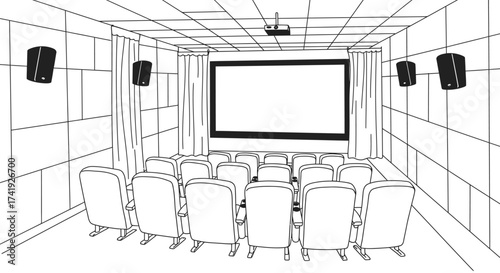 Modern home theater interior design sketch featuring rows of comfortable seating projector screen and surround sound speakers for immersive entertainment experience isolated on white background