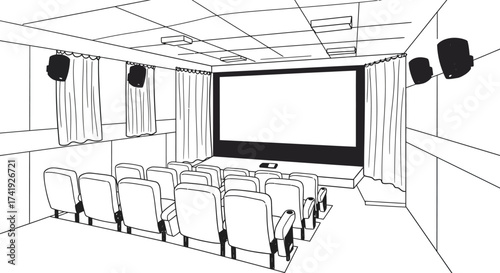 Perspective sketch of modern cinema interior with rows of seats and large screen for entertainment and leisure activities isolated on white background