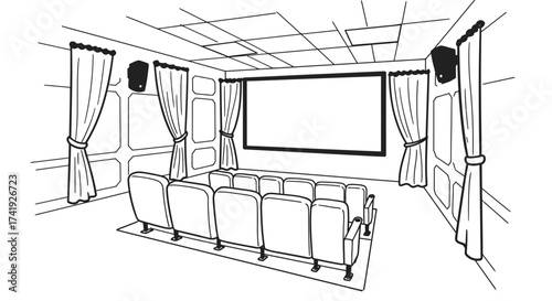 Cinematic experience hand-drawn sketch of a modern movie theater auditorium showing a blank screen with plush seating and curtains isolated on white background
