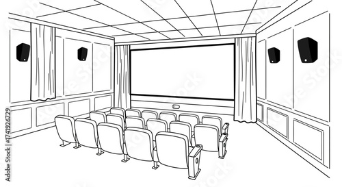Empty cinema interior sketch blueprint design layout featuring rows of seats large screen speakers and curtains creating a modern entertainment venue concept isolated on white background