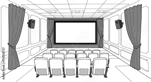 Interior sketch of an empty cinema theater with plush seating a large projection screen and side curtains creating an immersive viewing experience isolated on white background