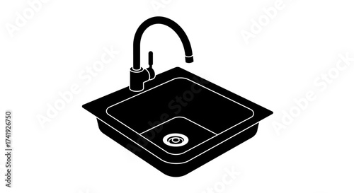 Modern black kitchen sink with elegant chrome faucet in a clean minimalist design perfect for home renovation and interior design concepts isolated on white background