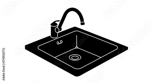 Modern kitchen sink with high arc faucet detailed isometric view silhouette design for plumbing renovation and home improvement isolated on white background