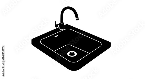 Modern black kitchen sink with chrome faucet viewed from a three-quarter perspective showing interior details isolated on white background