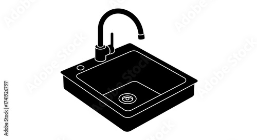Modern kitchen sink and faucet isometric view simple line art graphic rendering isolated on for design isolated on white background