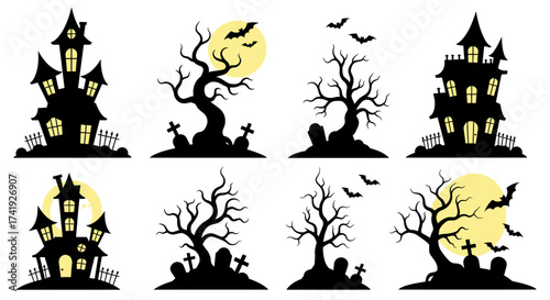 Spooky halloween collection silhouettes haunted houses spiders bats graveyard scenes creepy trees eerie atmosphere festive holiday elements isolated on white background