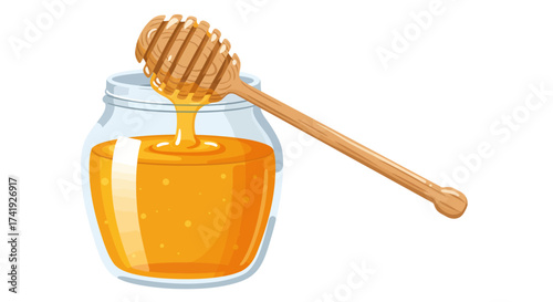 Golden honey jar with wooden dipper sweet liquid dripping natural food ingredient healthy sweetener delicious breakfast ingredient isolated isolated on white background