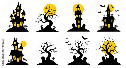 Collection of spooky halloween silhouettes featuring haunted houses creepy trees and full moon for festive decorations and graphic design isolated on white background