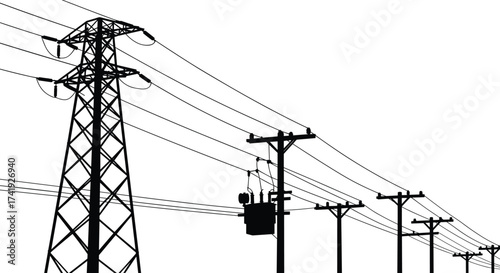 Transmission tower and utility poles, electricity infrastructure illustration, power line network, voltage distribution system, rural energy grid, engineering reference design