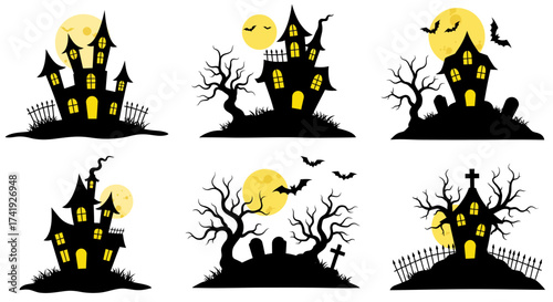 Spooky haunted houses and graveyards silhouettes under full moon with bats for halloween decor and spooky night scenes isolated on white background