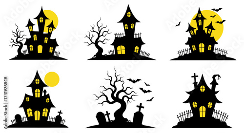 Spooky haunted house silhouettes featuring eerie landscapes and creepy elements perfect for halloween decorations and themed designs isolated on white background