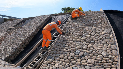 Gabion construction process to protect river banks and prevent erosion caused by the river bed