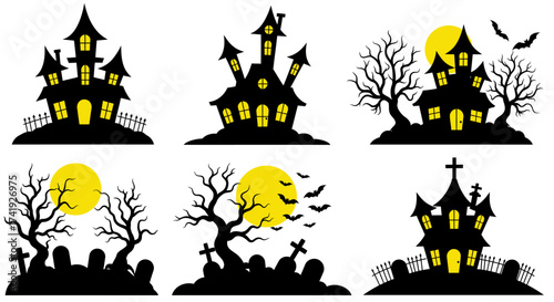 Spooky halloween haunted houses and cemeteries silhouettes with full moon and bare trees for spooky night celebrations isolated on white background