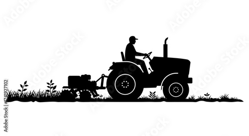 Silhouette of a farmer driving a tractor through a field preparing the soil for planting with farming equipment agriculture and rural life concept isolated on white background