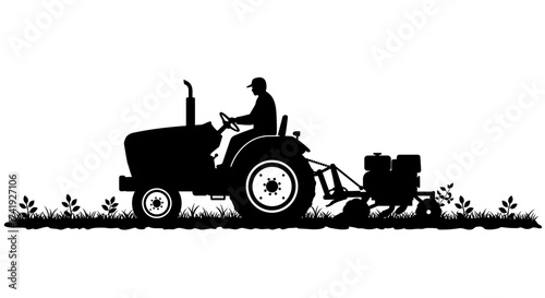 Silhouette of farmer driving vintage tractor plowing field with growing plants agricultural scene farm work rural life isolated on white background