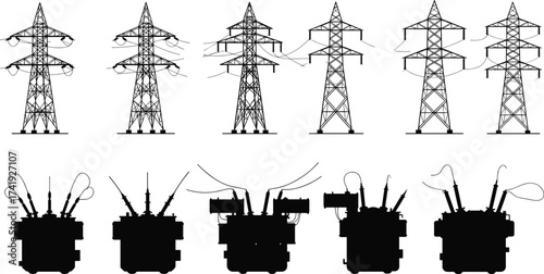 Transmission tower silhouettes, electrical transformer icons, power grid components, energy infrastructure design, voltage equipment, engineering reference, electricity distribution system