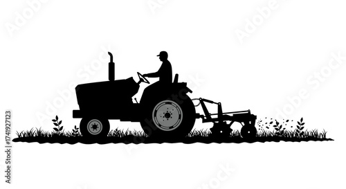 Silhouette of farmer operating tractor tilling field with cultivator in lush green landscape at sunrise for agricultural concept isolated on white background