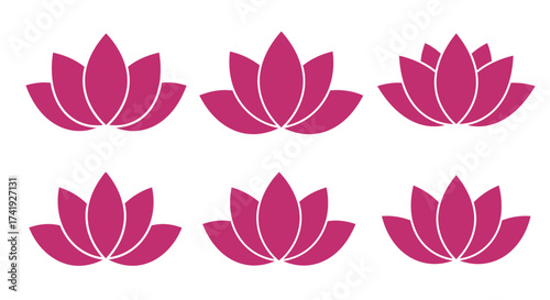 Six pink lotus flowers arranged in two rows for peaceful meditation yoga spa wellness and natural beauty design elements isolated on white background