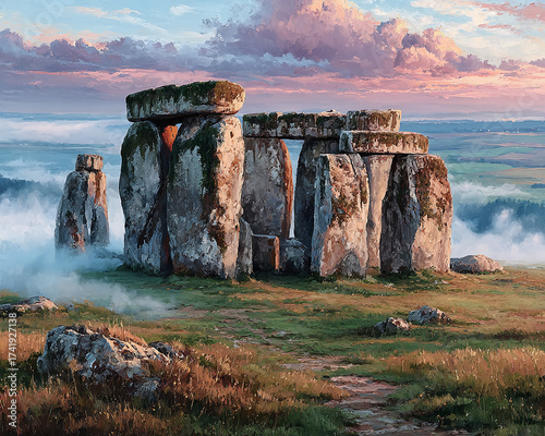 Ancient stone circle under a misty sky at sunrise, a mystical historical landmark