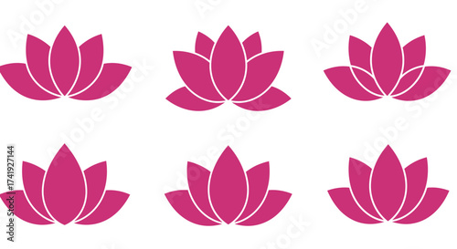 Collection of six stylized pink lotus flower icons symbolizing purity and enlightenment for spiritual wellness and meditation design elements isolated on white background