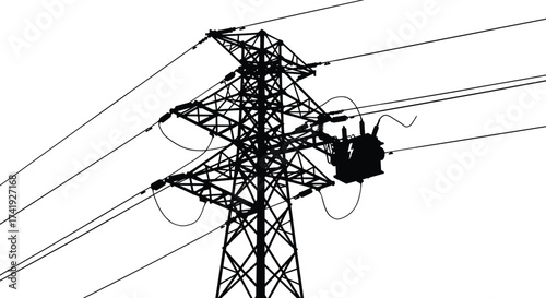 Transmission tower with maintenance worker, electricity pylon illustration, power line infrastructure, voltage grid system, energy distribution network, engineering reference design