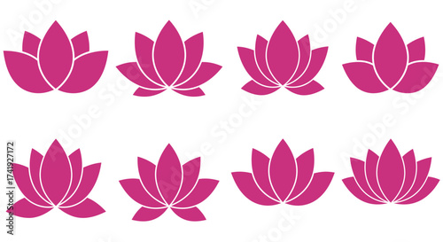 Eight pink lotus flowers isolated collection decorative floral elements for spa wellness yoga meditation and religious symbolism isolated on white background