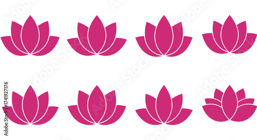 Collection of vibrant pink lotus flowers isolated on white representing purity and enlightenment isolated on white background