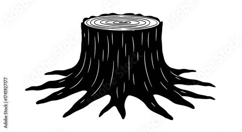 Detailed black ink drawing of a tree stump with prominent roots and wood grain texture on a representing nature's resilience and the passage of time isolated on white background