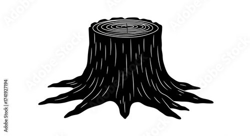 Detailed black and white wood stump with roots and textured surface depicting nature and forest elements isolated on white background