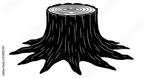 Old tree stump with exposed roots rustic natural wood texture showing growth rings and bark detail isolated on white background